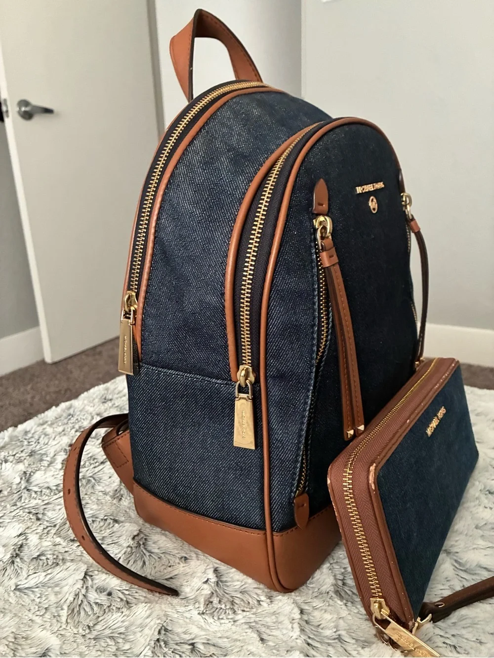 Michael Kors Denim and Brown Leather Backpack & Wallet Set